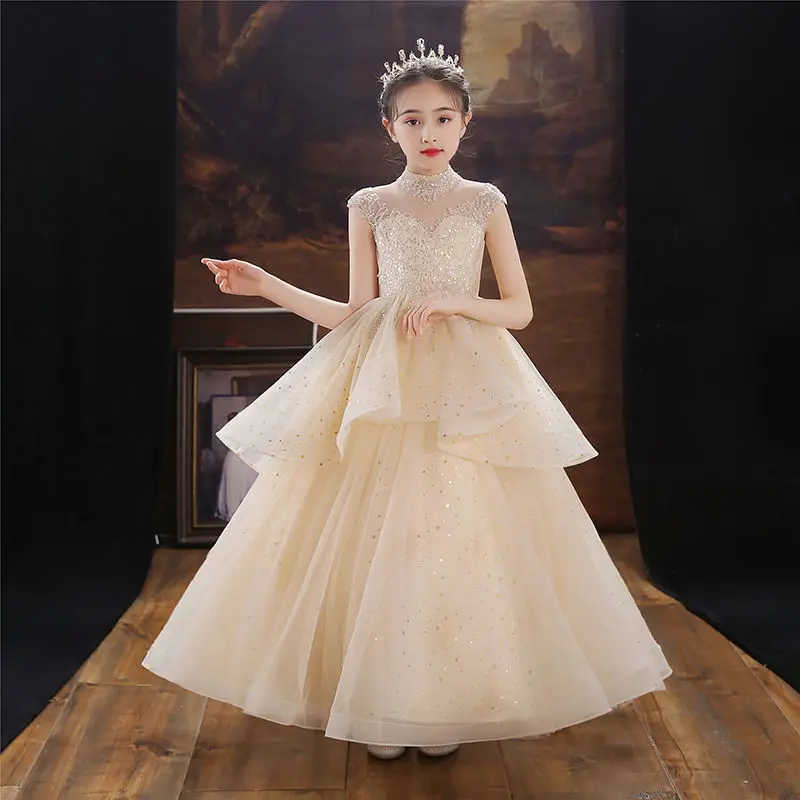 

Champagne Evening Dress for Girls Sequin Lace Kids Elegant Gowns Teen Birthday Party Dress Graduation Performance Party Costume