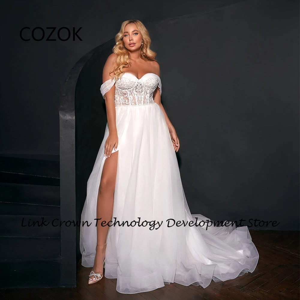 COZOK-Robes de Mariée à Fente Latérale pour Femme, Patients de Balayage avec Dentelle, Nouvelle Collection d'Été