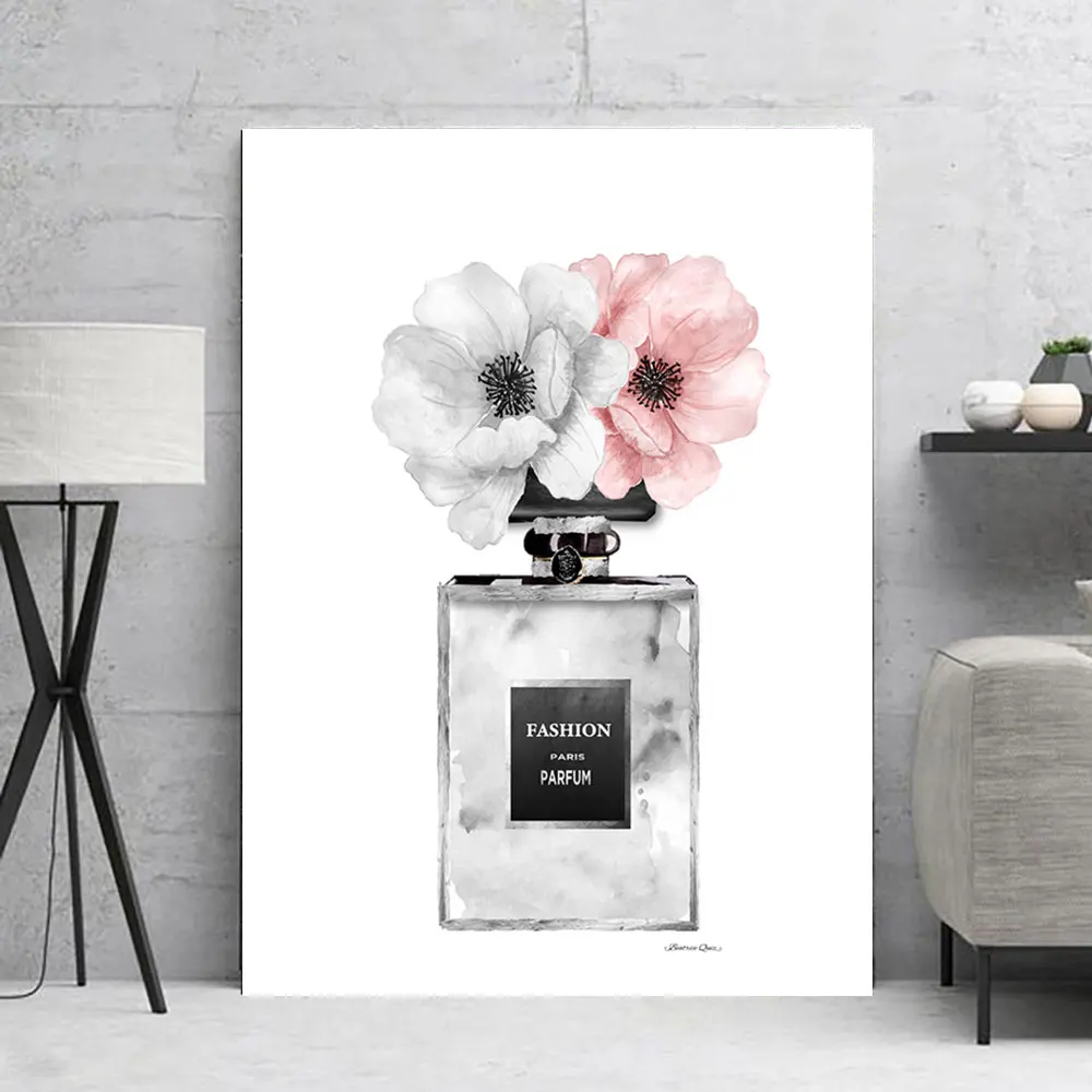 Pink Flower Perfume Fashion Lady Poster Sliver Lips High Heel Print Canvas Art Painting Wall Picture Modern Girl Room Home Decor