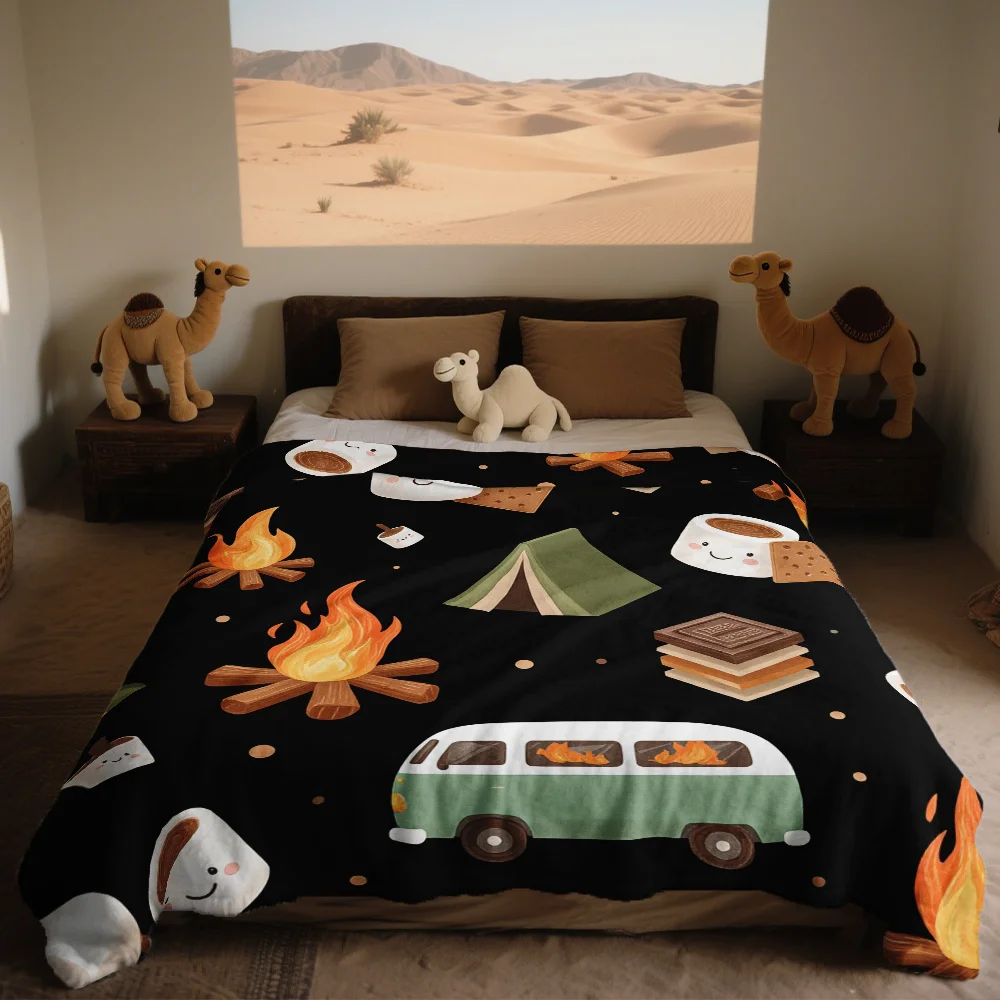 Flannel Blanket with Camping S'mores Design, Brushed Surface, Cozy for Hotels, B&Bs & Upscale Accommodations, Camping