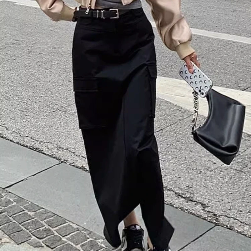 Black Frock Skirt Female 2025 Spring and Summer High Waist Slim Split A-shaped Long Skirt