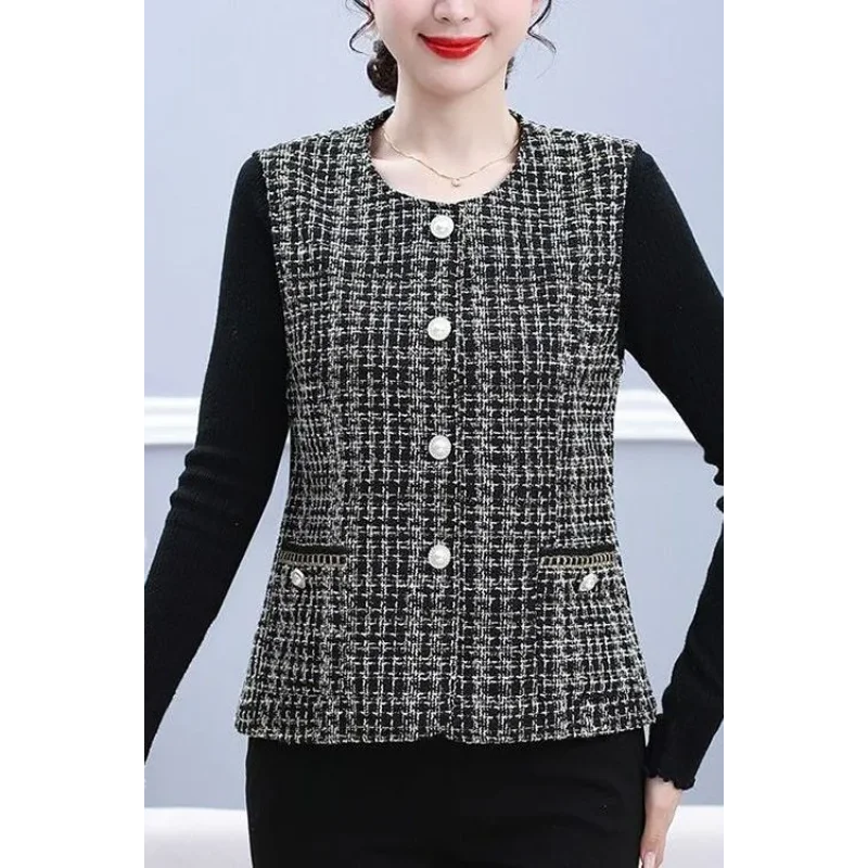 Women's New Spring and Autumn Spliced   round Neck Button Plaid Fashionable Slimming Age-reducing Jacket Vest Top