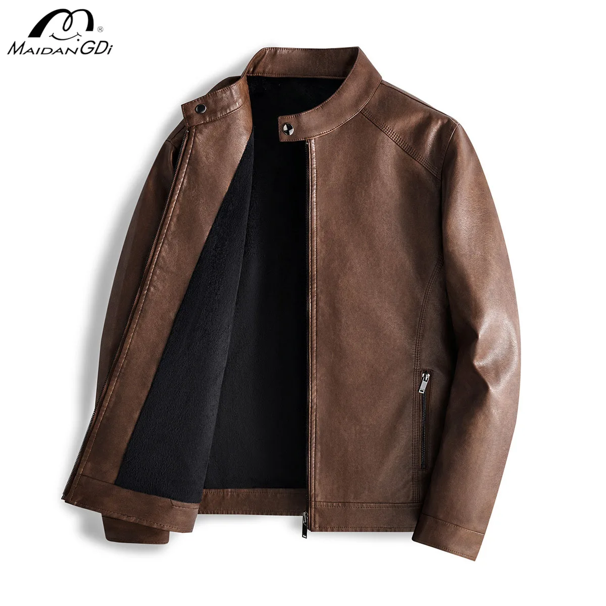 MaiDangDi Men's Leather Jacket Motorcycle Wash PU Leather Jacket Stylish Men Combination Stand Up Collar Mens Top Leather Jacket