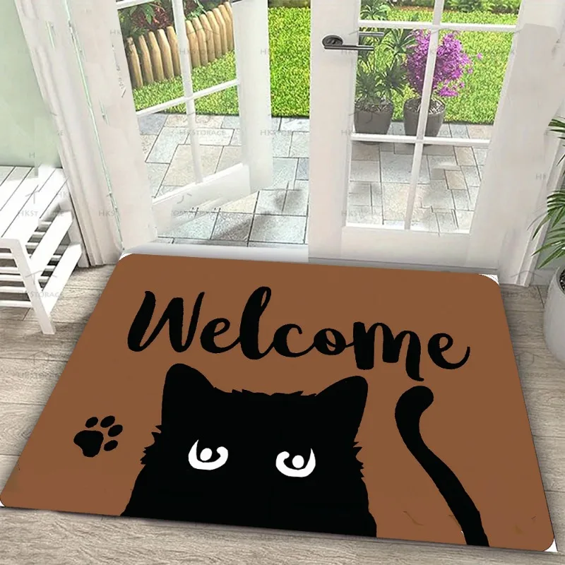 Kawaii braune Willkommens-Fußmatte mit schwarzem Katzenaufdruck – niedliches Pfoten-Design, handgeschriebener Stil, rutschfeste Eingangsmatte für Haustierliebhaber zu Hause