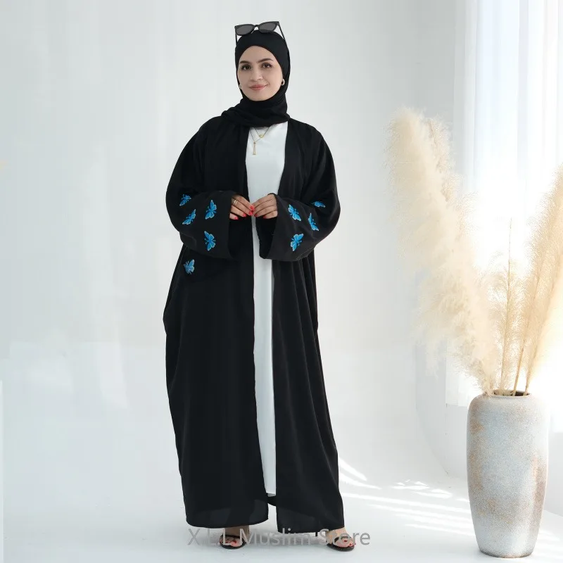 Keffiyeh Kimono Eid Ramadan Embroidery Butterfly Open Abaya Muslim Prayer Clothing Dubai 2024 Luxury Kaftan Turkey Dresses