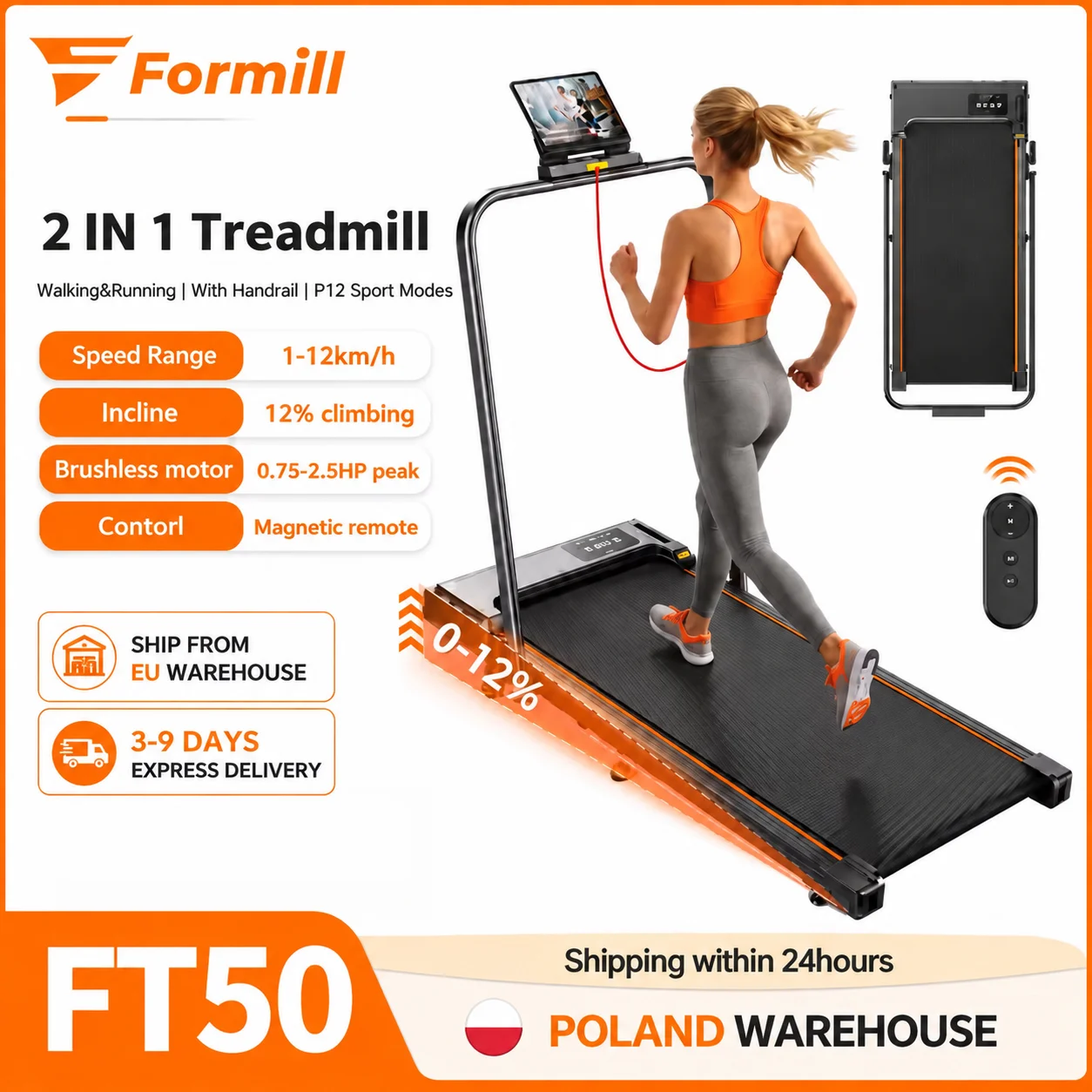 Tapis de course Formill 2 en 1 FT50 avec moteur sans balais, inclinaison manuelle de 12 % et 12 modes préréglés, machine de marche et de course pliable sans assemblage pour usage domestique.