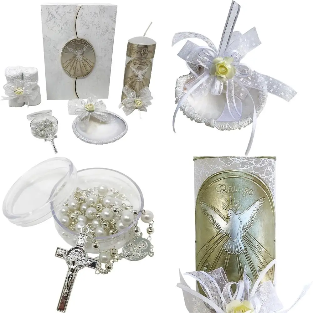 

Arcangeles Mexicanos Catholic Baptism Candle Set in a Wooden Box with Towel, Candle, Rosary and Shell for Baby Boys and Girls. H