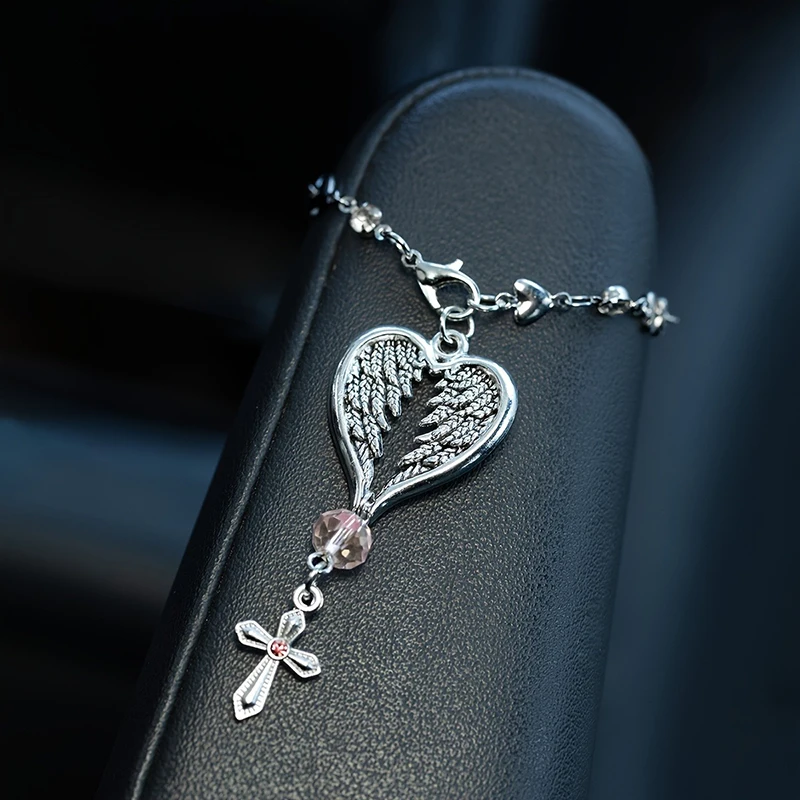 

Guardian Angel Wing Cross Car Hanging Ornament Auto Rearview Mirror Decoration Handbag Charm for Women Car Interior Accessories