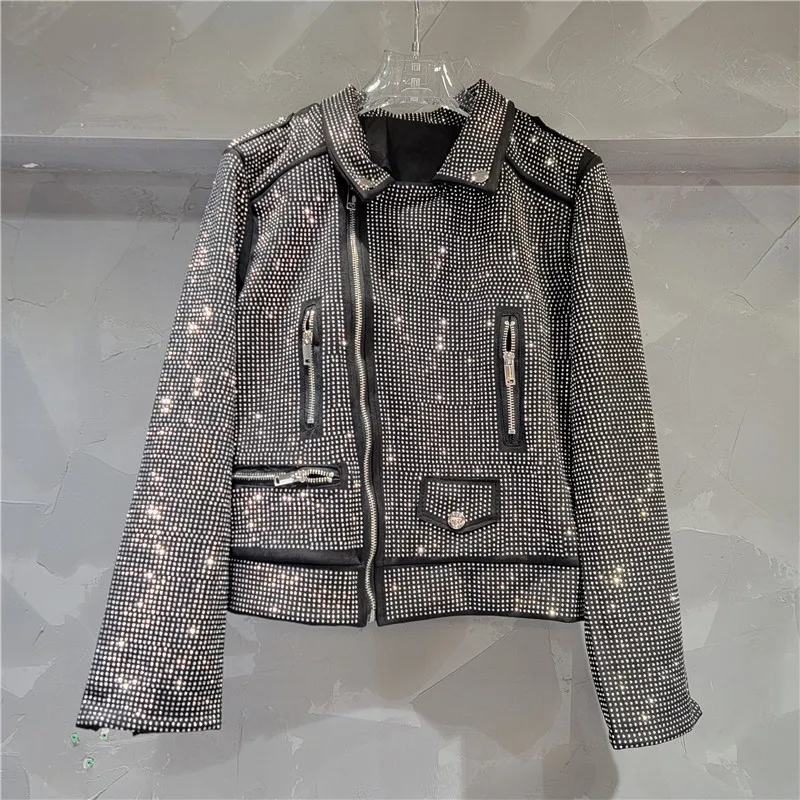 European and American Style Heavy Industry Rhinestone Short Coat 2024 Autumn New Full Diamond Oblique Zipper Jacket for Women