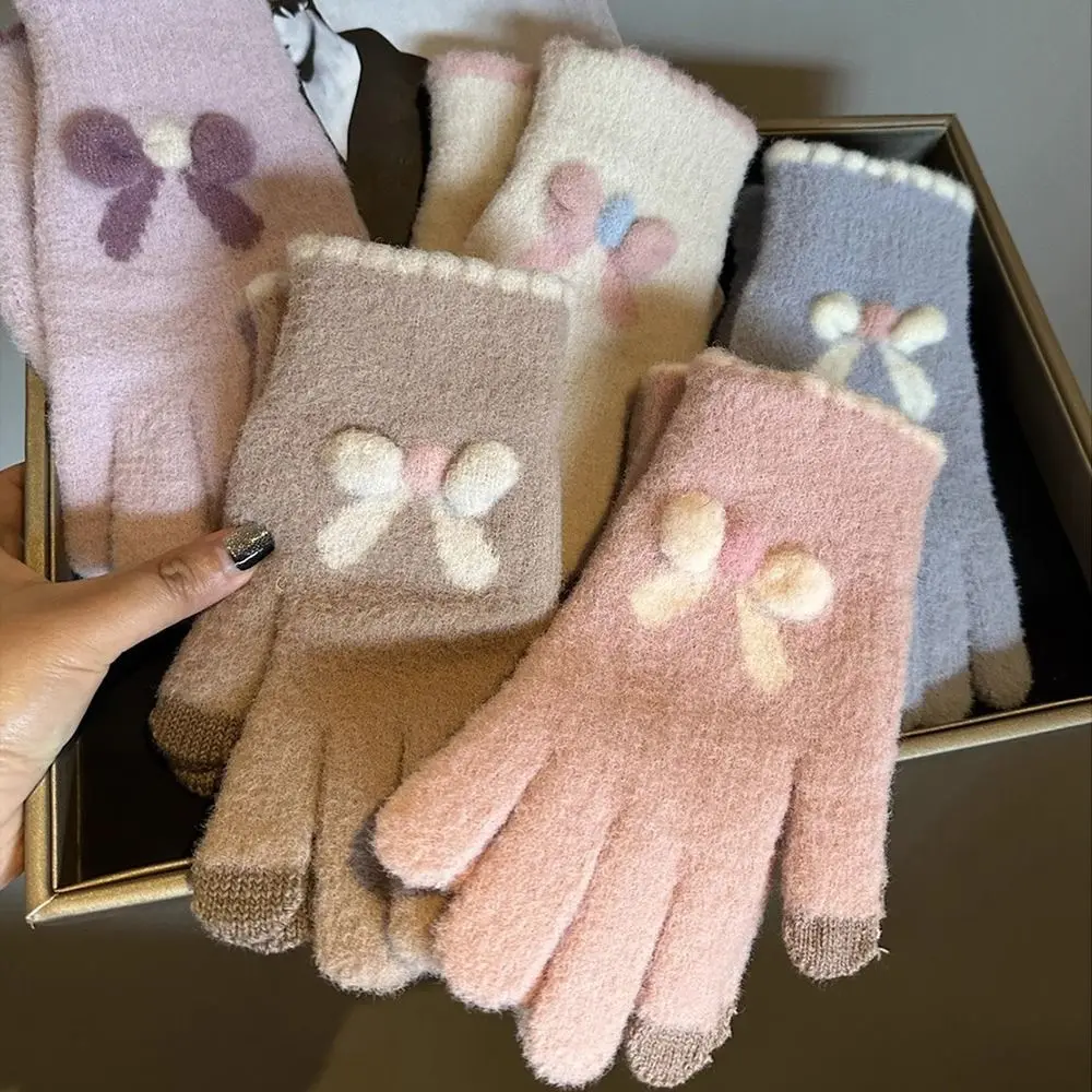 Fashion Accessories Thicken Warmth Women Knitted Gloves Bowknot Touch Screen Winter Gloves Windproof Soft Warm Mittens