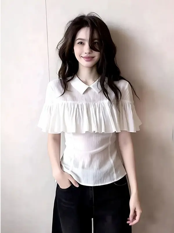 

Весна 2026: Женская рубашка с коротким рукавом, повседневный стиль, легкая, дышащая, белая, элегантная, свободного кроя, в китайском стиле
