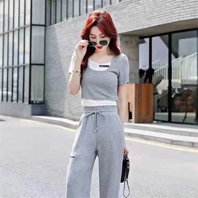 2023 New Summer Stitching Fashion Two-Piece Suit Slim Cotton Shirt Embroidered Elastic Waist Trousers Leisure Sports Suit Female