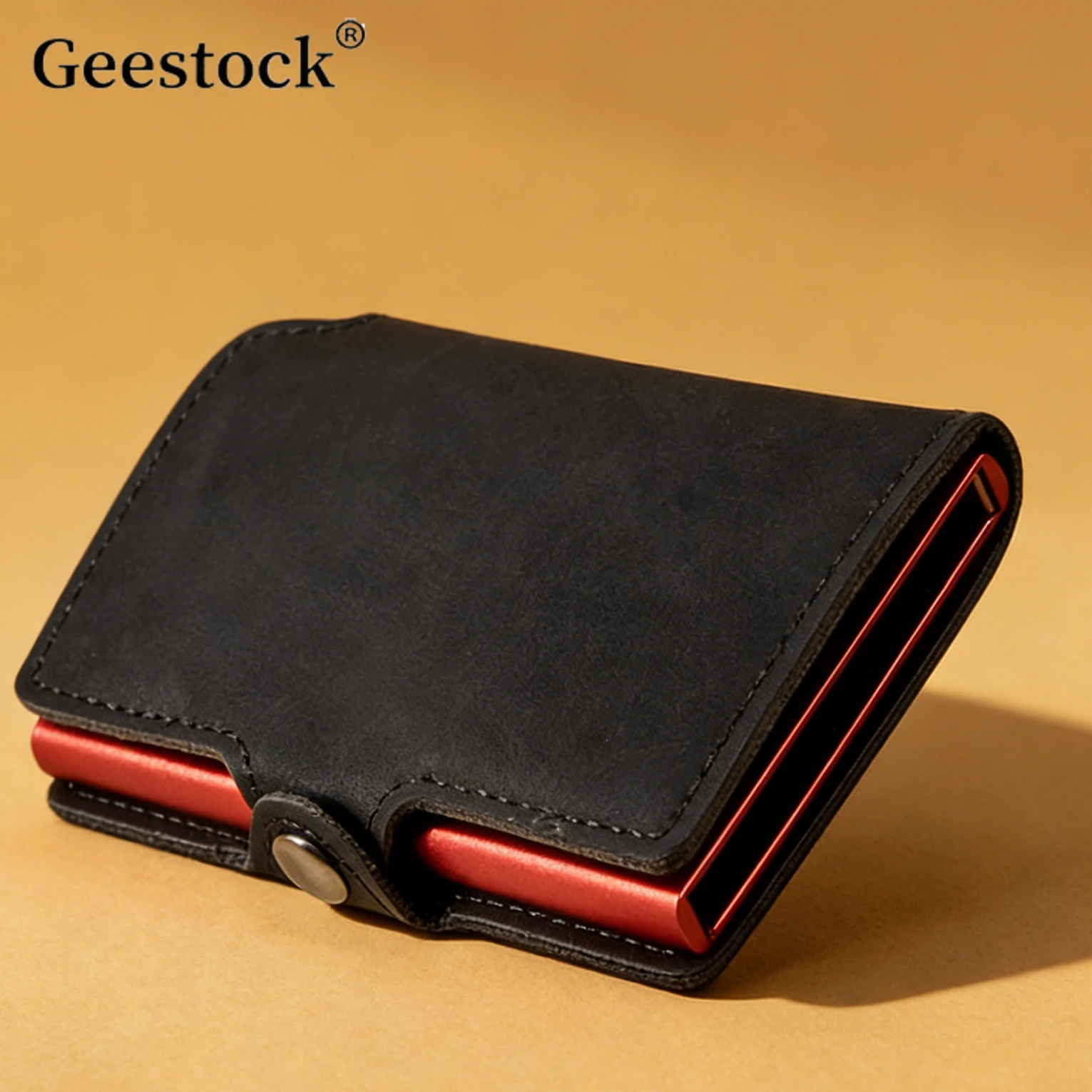 

Мужской тонкий кожаный кошелек Geestock с защитой от RFID, выдвижным держателем для кредитных карт, алюминиевый минималистичный кошелек с клипсой для денег для мужчин