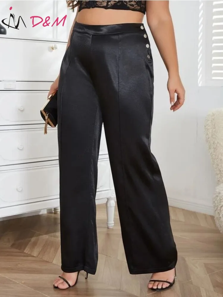 D&M Wide Leg Plus Size Women Wide Leg Trousers Fashion Solid Color Casual Long Pants Zipper Simple Loose Wide Leg Pants