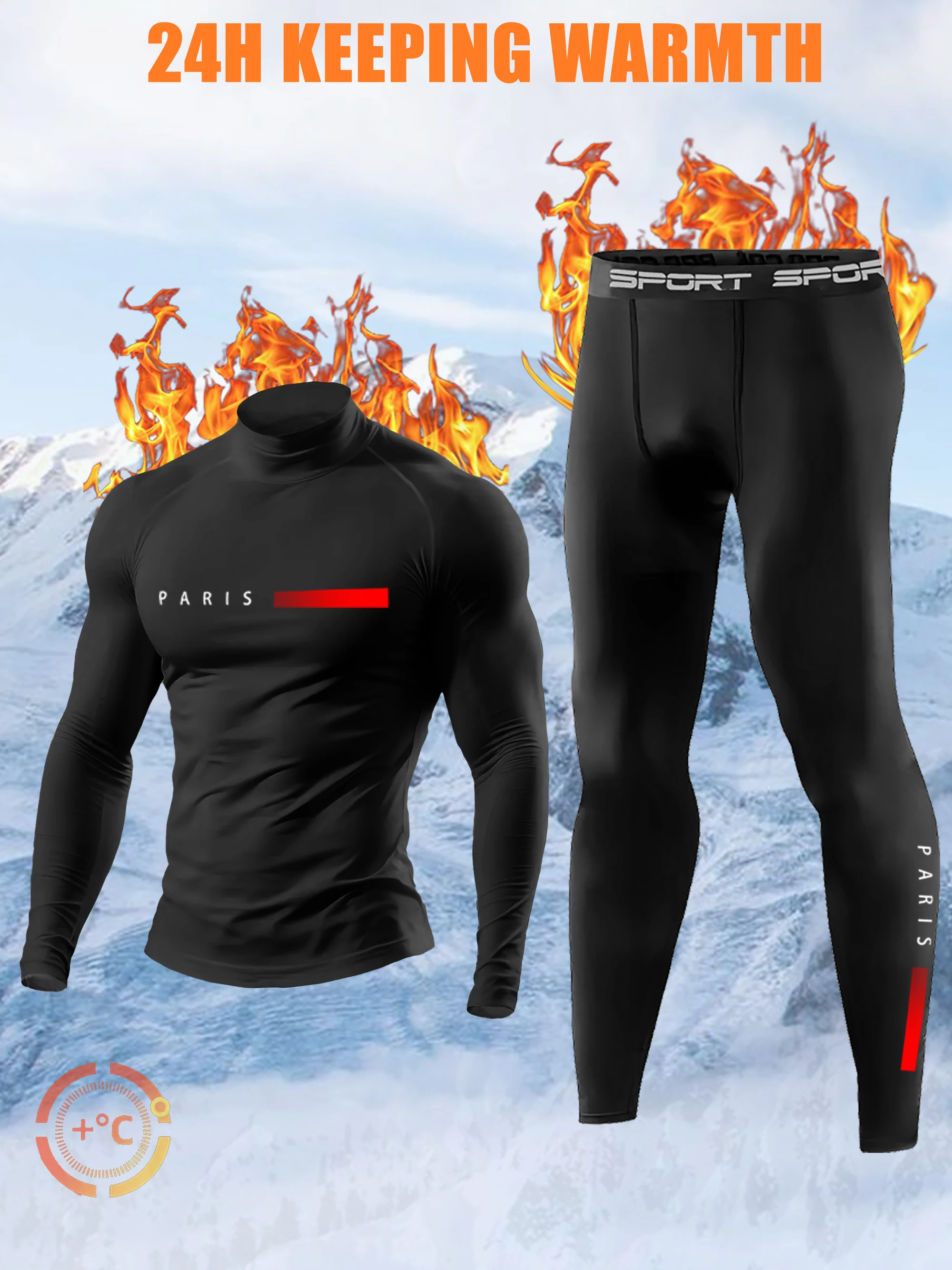 1Set Men’s Black Warm Compression Fleece Tracksuit Mock Neck Paris Print Slim Fit Elastic Thermal Sportswear Running Workout Tra