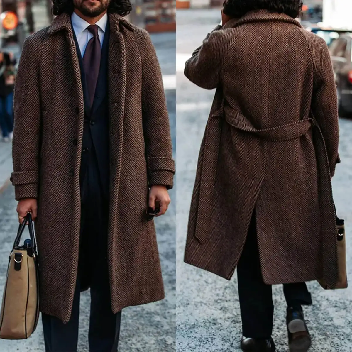 

Vintage Men Woolen Overcoat One Piece Single-breasted Casual Long Jacket Business Outerwear Warmth Custom Made