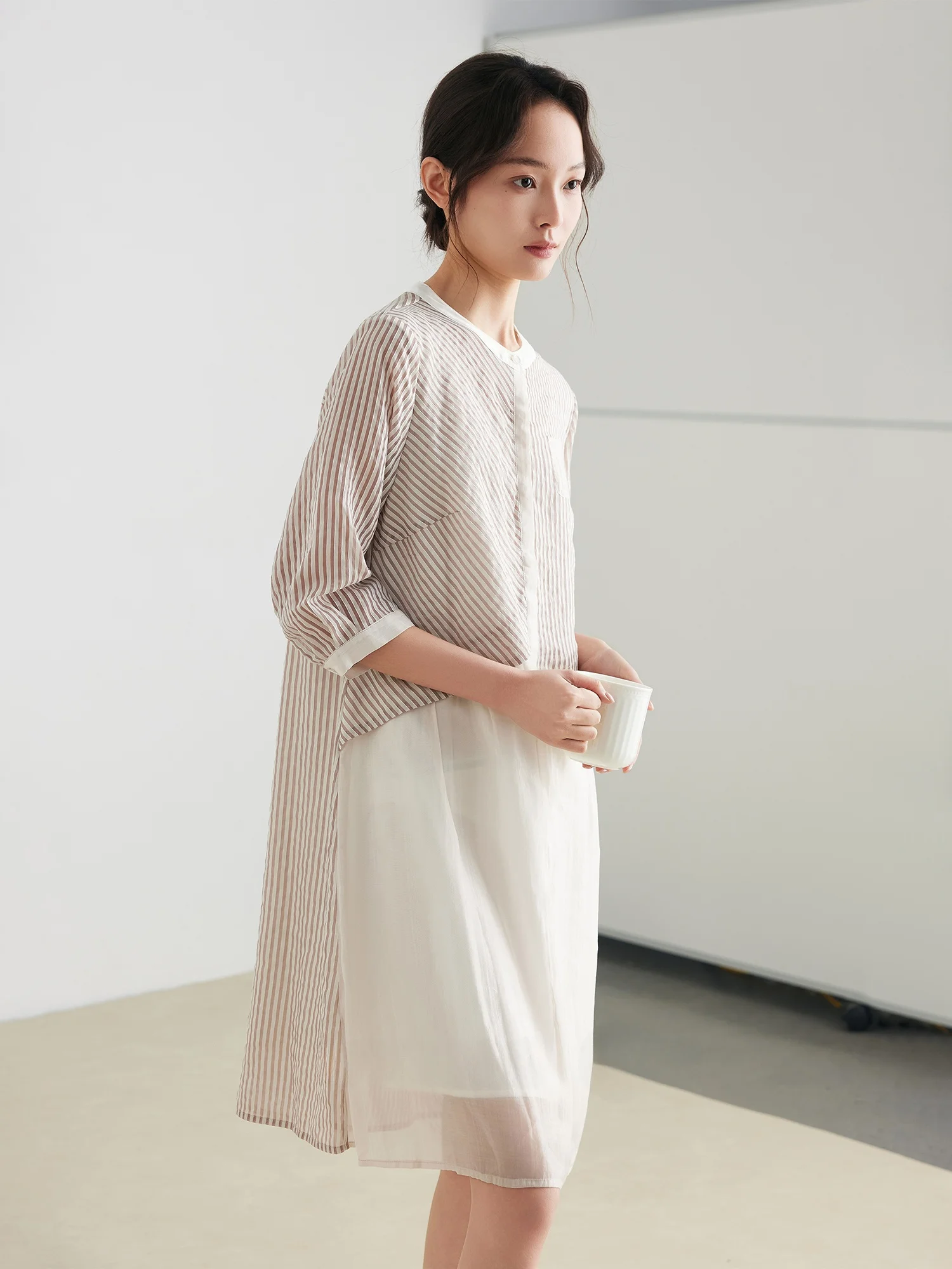 

High-End Vertical Striped Women's Dr Spring Summer New Faion Loose Slimming irt Dr Cotton Blend Long Sve Midi Skirt