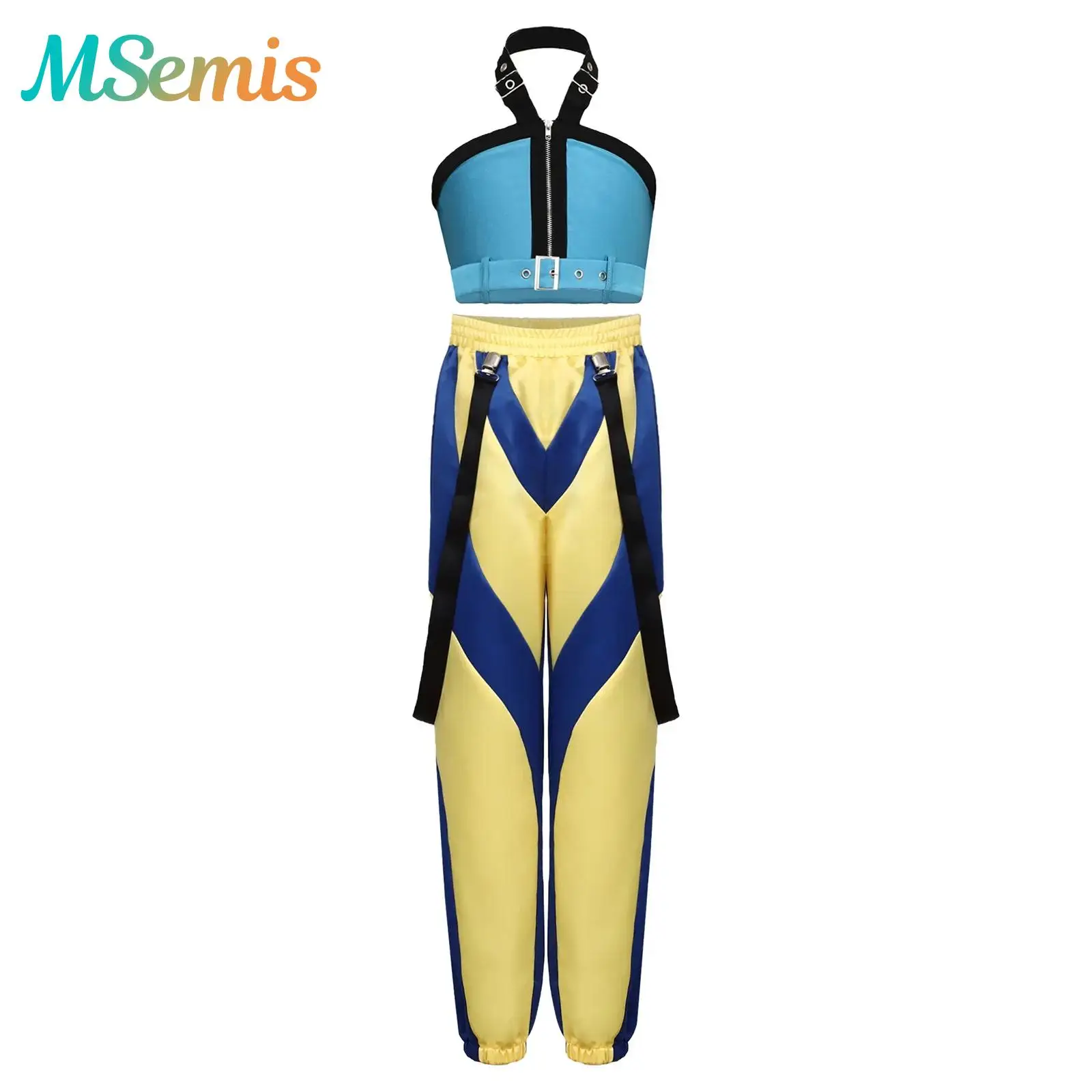 

Demon Hunters Halloween Cosplay Costume for Girls KPop Singer Suit Front Zipper Crop Top with A Waist Belt And Long Pants