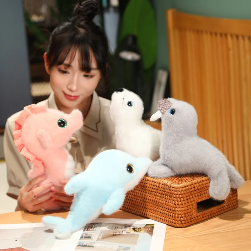 Simulation Sea lions Seals Dolphin Seahorse Plush Cartoon Reallife Sea Ocean Animal Marine Park Plush Toy Stuffed Doll Boy Gift