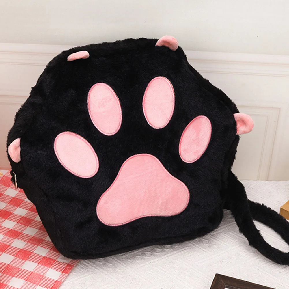 Mochila de Pelúcia Cat Paw com Alças Ajustáveis, Saco Kawaii com Zíper, Saco dos desenhos animados JK para Mulheres e Meninas, Bonito