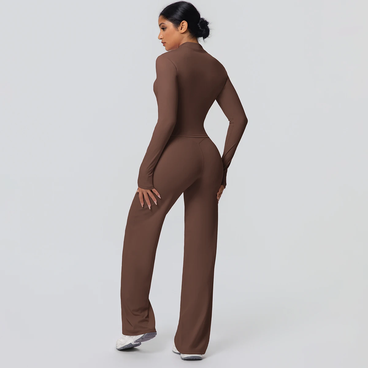 2 stück Schnell Trocknend Sport Fitness Kleidung Yoga Set Frauen Yoga Zipper Lange Ärmel Hohe Taille Atmungsaktive Breite Bein Hosen set – Detail 12