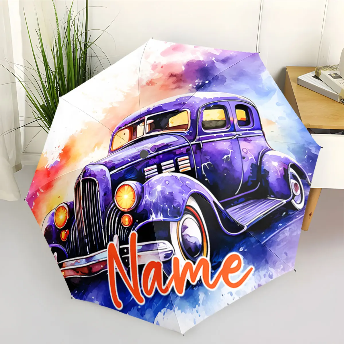 Custom Name Vintage Car Art Umbrella with Bold Custom Name Design Print 8 Iron Ribs Folding Umbrella Auto-Open Fashion Sunshade