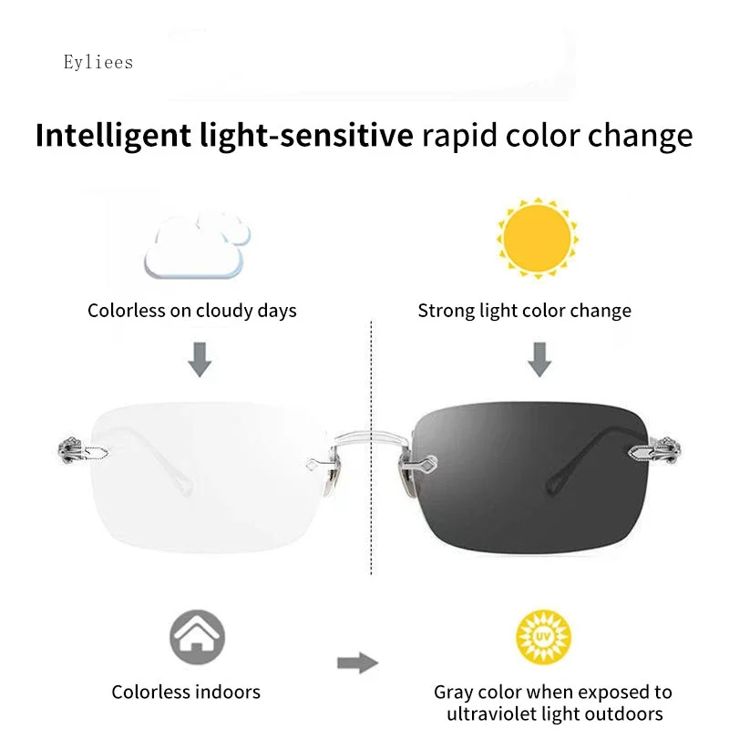 Rimless Photochromic Myopia Glasses Luxury Women Men Color-changing Nearsighted Eyewear Discolored Anti Blue Light Glass