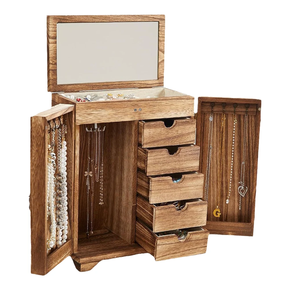 

5Layer Wooden Jewelry Box with Drawers Mirror Large Capacity Jewelry Organizer Display Box for Necklaces Earrings Storage Casket