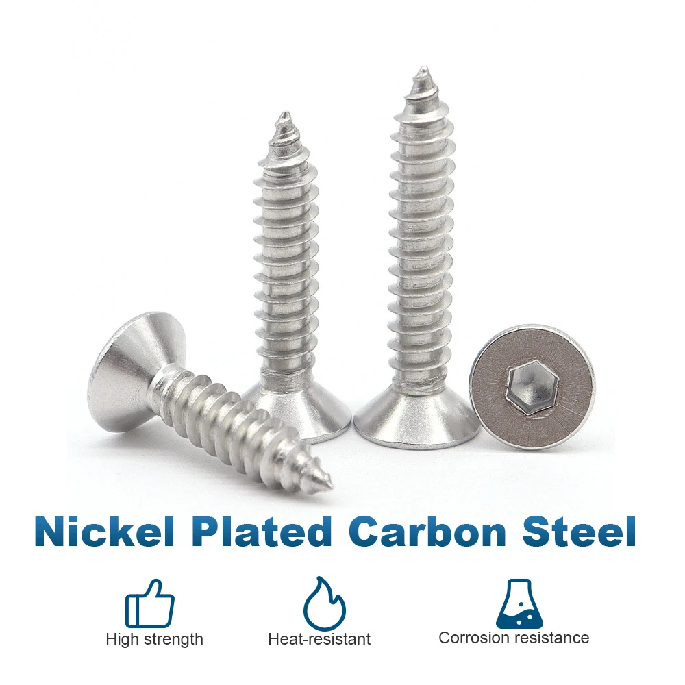 Tornillo autorroscante de cabeza plana con casquillo hexagonal m2 m2.6 m3 m4 m5 m6 tornillos roscados de cabeza avellanada Allen de acero al carbono niquelado