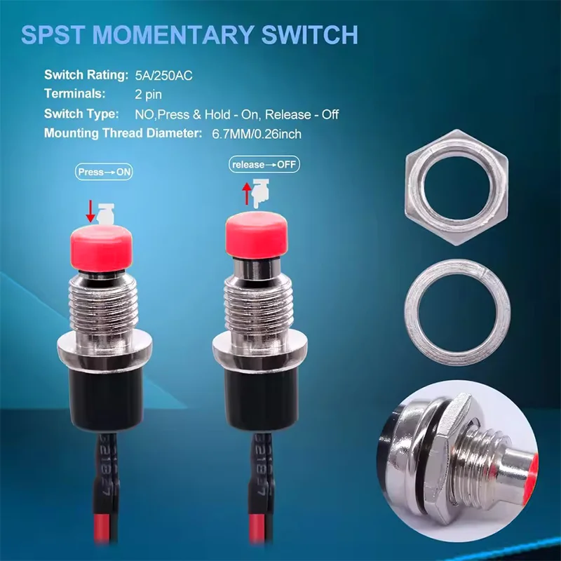 5Pcs 1A 250V AC 2 Pins SPST NO Mini Momentary Push Button Switch with 20cm Wire