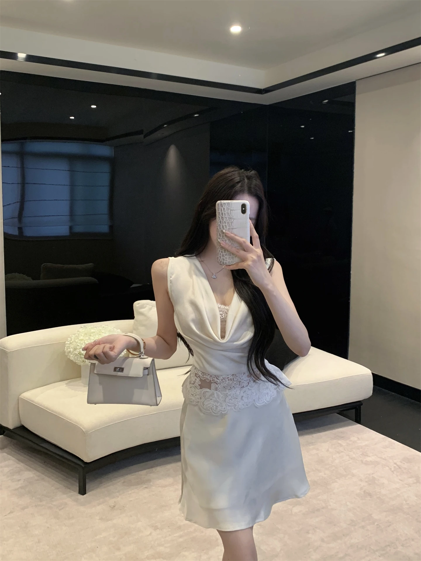

Fashionable Ice Blue Lace Trim Bowknot Short Skirt A-Line Dress High Waist Half-length Sleeveless Summer Outfit Set for ...