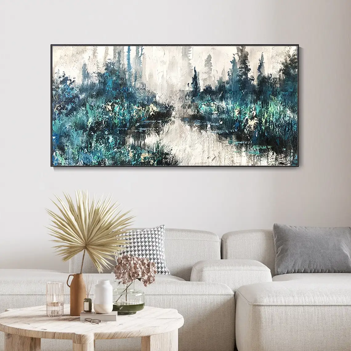 Large Abstract Wall Art Landscape Oil Painting Handmade Blue Forest Texture Painting Hand-Painted Lake River Modern Wall Decor