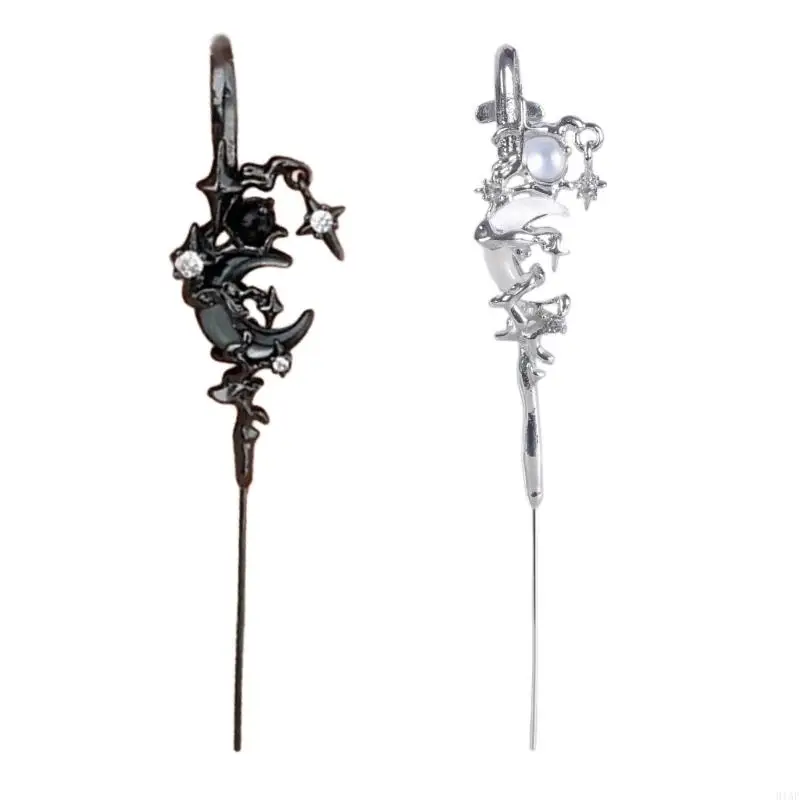 91AF Elegant Star and Moon Diamond Earrings Ear Needle Diagonals Ear Studs Stylish Piercing Ears Jewelry for Fashion Lovers