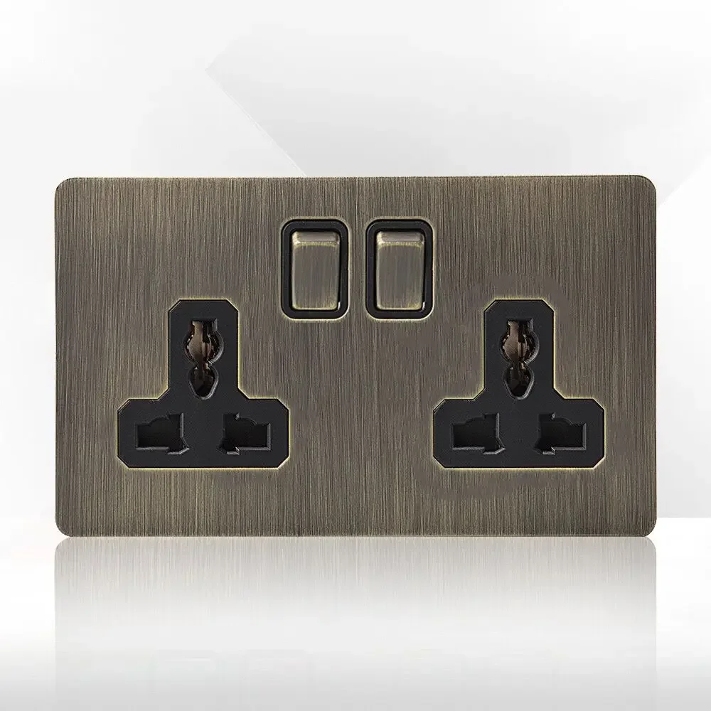 Retro Eu metalen paneel wandschakelaar lichtschakelaar stopcontact, gebronsd antiek roestvrij staal Duits 16A stopcontact met USB-telefoon opladen