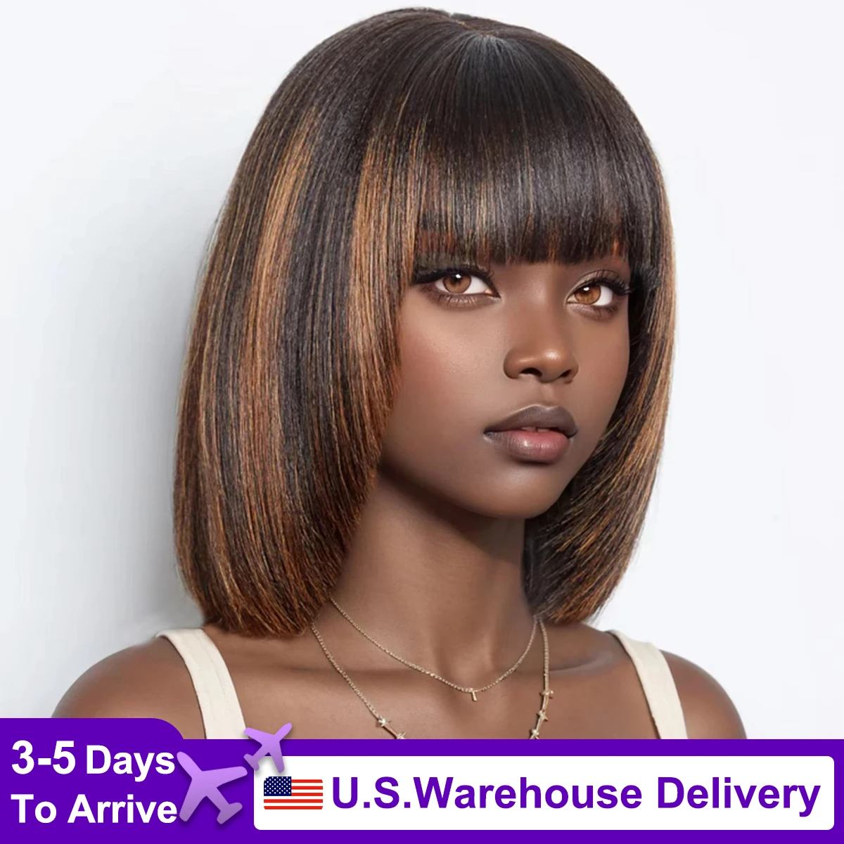

Straight Short Bob WigsMade Wig for Women Brown Honey Color Human Hair Wig With Bangs with Bangs 2x1 Brazilian Human HairBob Wig