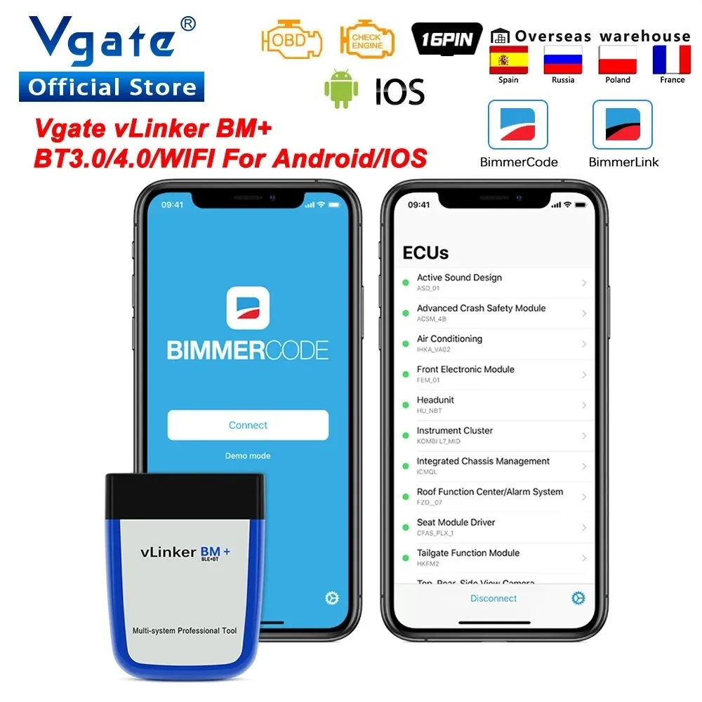 Vgate VLinker BM+/BM ELM327 Bluetooth 4.0/3.0 OBD2 Scanner Car Diagnostic Tool for BimmerCode BimmerLink Android/iOS Code Reader