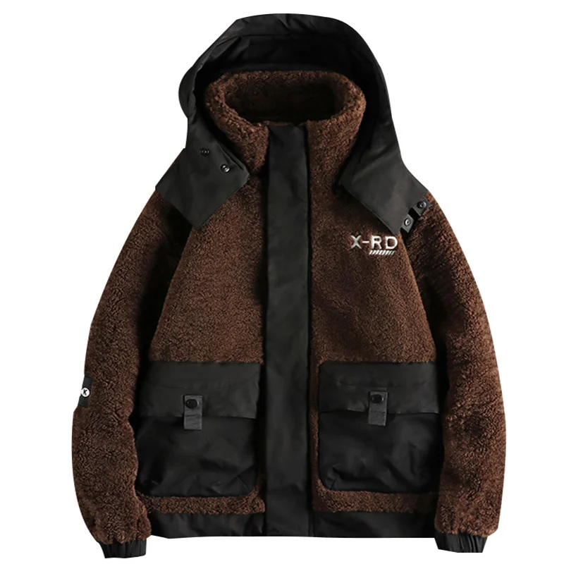 Lamb Fleece Detachable Hooded Jacket Men's Patchwork Cashmere Coats Loose Oversized Overalls Men