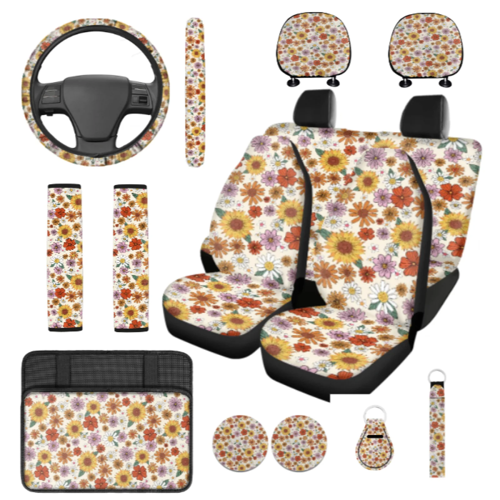 Coloranimal Wildflower Pattern 14 Pcs Car Seat Covers Set with Breathable Cars Headrest Cover and Car Cup Holder Mat