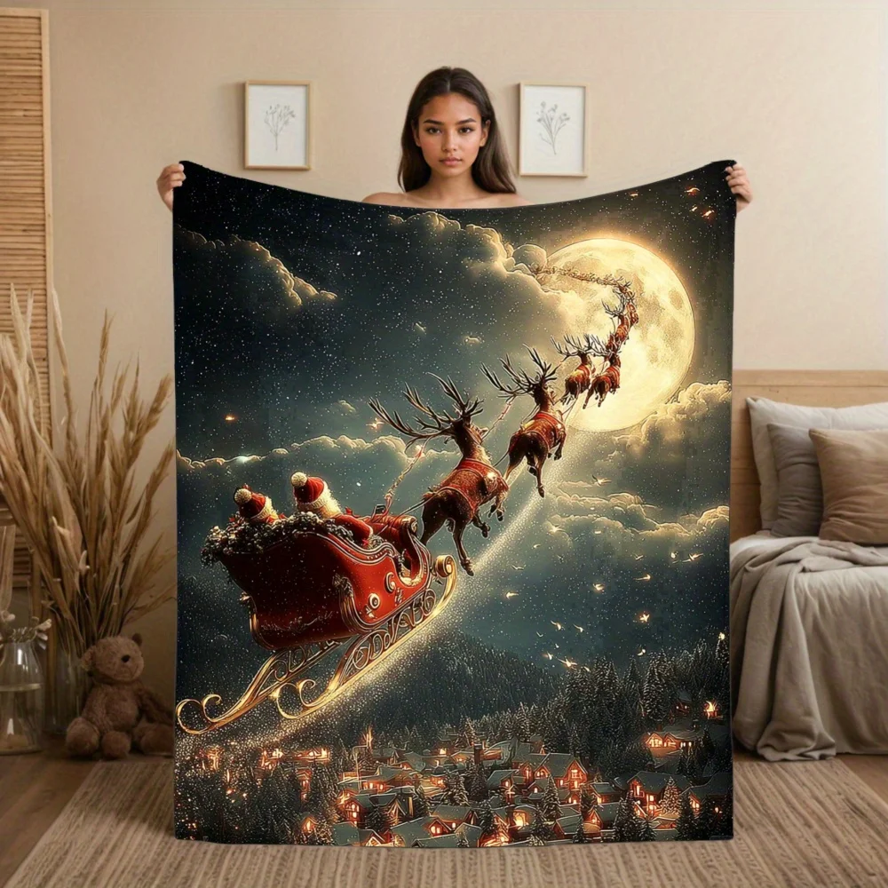 1pc Cozy Christmas Cart & Reindeer Print Throw Blanket, All‑Season Blanket for Sofa, Christmas and Halloween