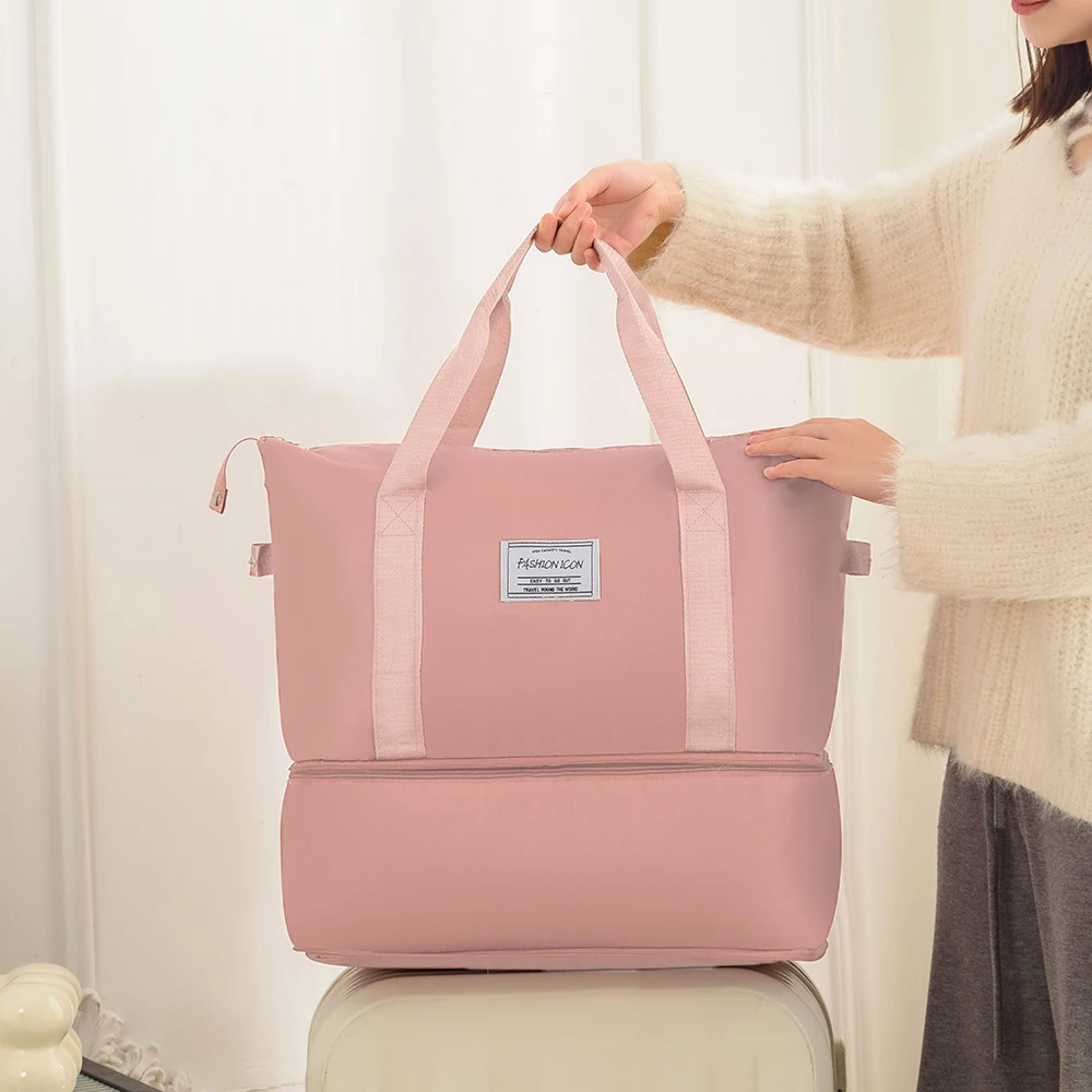 Fashionable foldable large-capacity double-layer travel bag; luggage storage bag, multifunctional handbag; lightweight portable expandable maternity bag; solid color unisex dry and wet separation gym bag