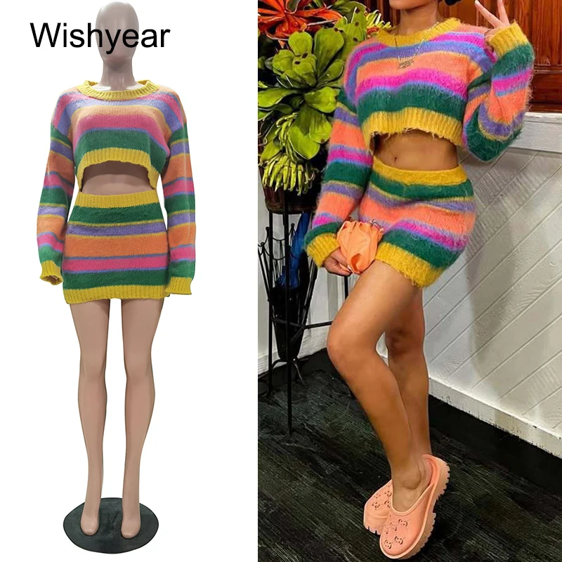 

Women's Striped Knitting 2-Piece Set Colorful Patchwork Long Sleeve Crop Top And Bodycon Skirt for Vacation Party Autumn Outfits