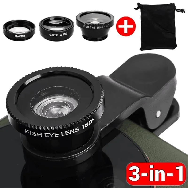 

Универсальный объектив для телефона 3 в 1: широкоугольный объектив 0.67X, макрообъектив, объектив типа «рыбий глаз», комплект с креплением для телефона, подходит для iPhone и Xiaomi