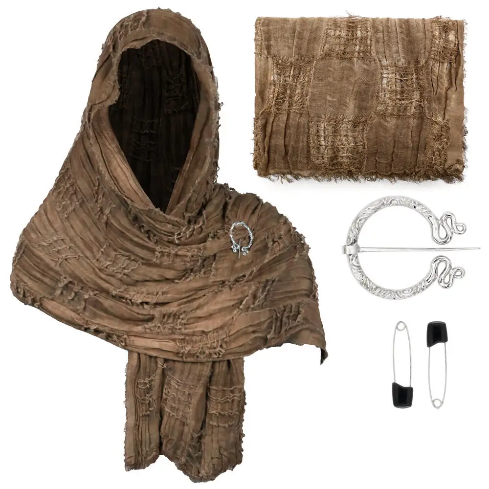 Medieval Vintage Hooded Shawl Scarf Cloak For Men Women Renaissance Halloween Tattered Layered Textured Frayed Cosplay Costume