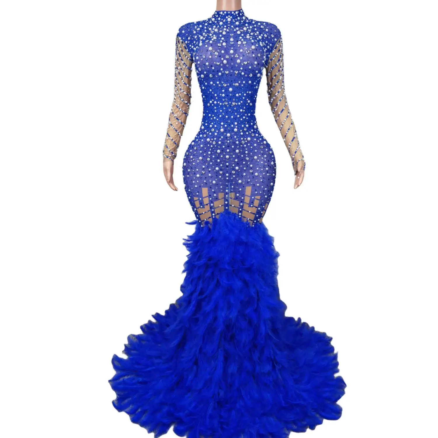 Shinning Luxury Blue Feathers Sexy Sheath Fishtal Dress Evening Party Performance Nightclub Singer Stage Wear Liantiyumao