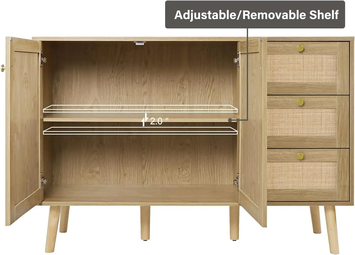 Rotan dressoir buffetkast met 2 deuren en 3 lades, buffetkast met opbergruimte houten credenza opbergkast