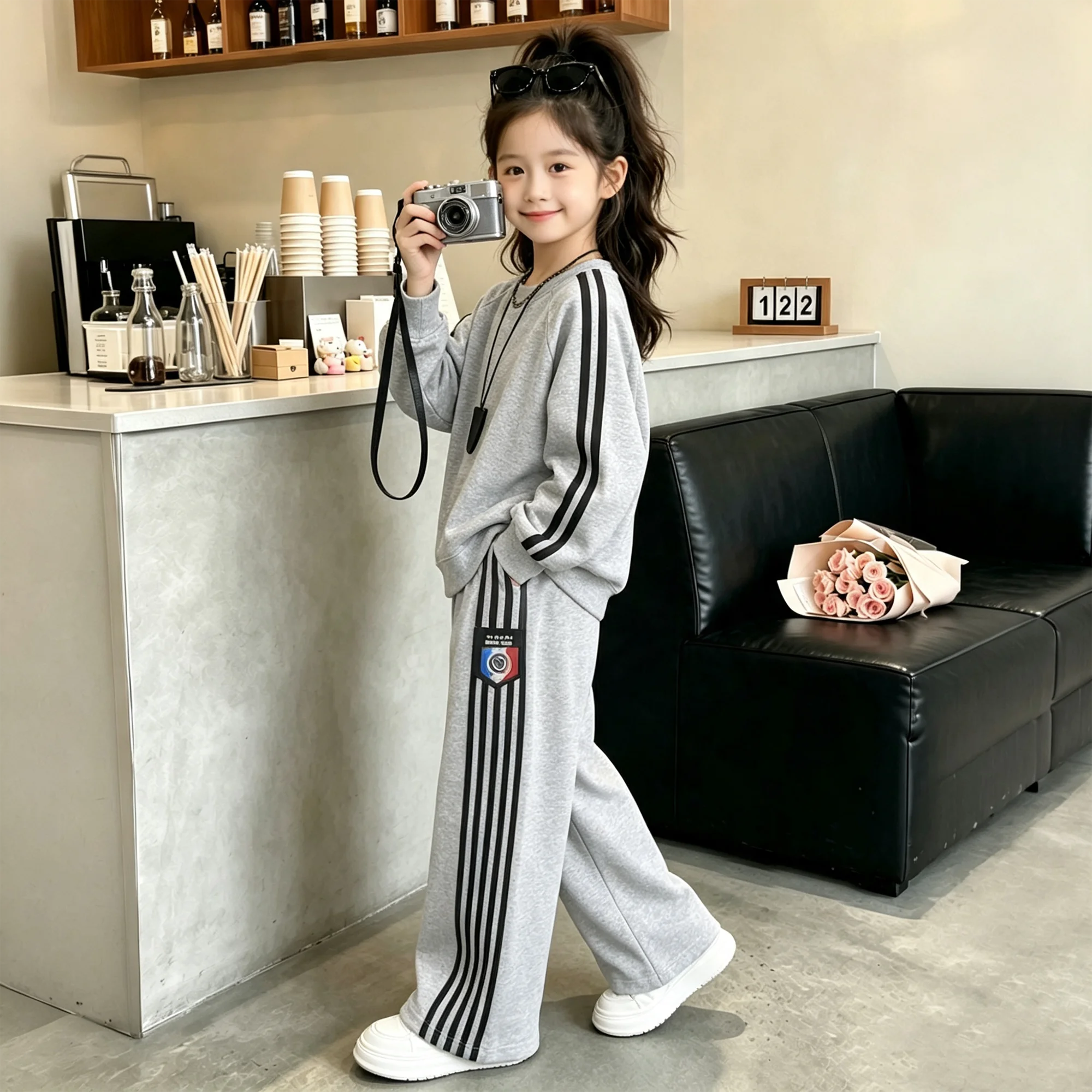 autumn teen girls sport clothes set Cotton round neck hoodie wide-leg pants 2pcs junior kids sweatsuit children clothing outfits