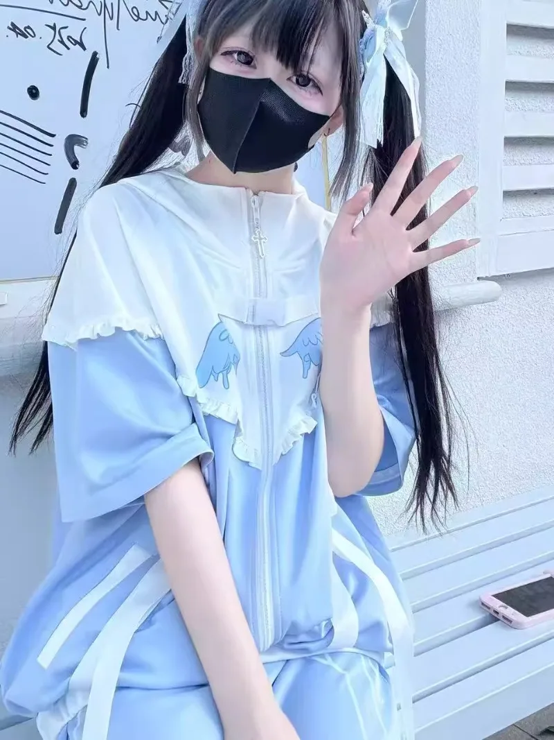 Summer Zipper Sweatshirt Original Japanese Subculture Water Color System Removable Sleeves Sweet And Cute Fox Ear Hooded Jacket