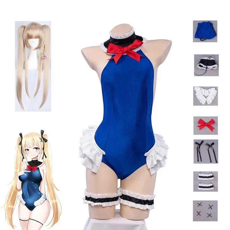 Anime Game Azur Lane Cos Marie Rose Swimsuit Cosplay Costume New Fashion Swimming Party Role Collection Blue Bikini Wig Full Set