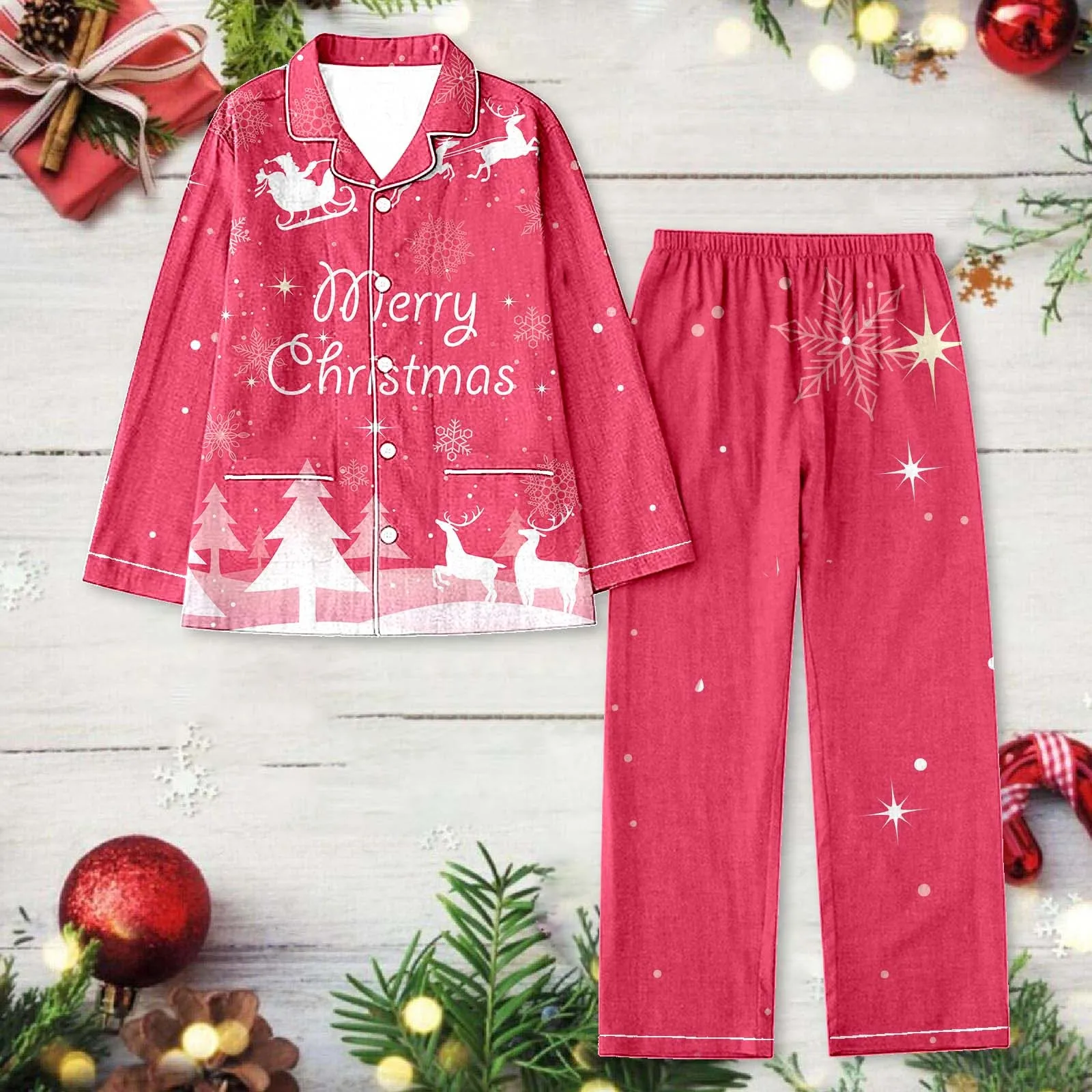 Women Christmas Pajama Set Lapel Full Print Santa Holiday Casual Snowflakes Long Sleeve Elastic Waist Pant Sleepwear 2 Piece Set