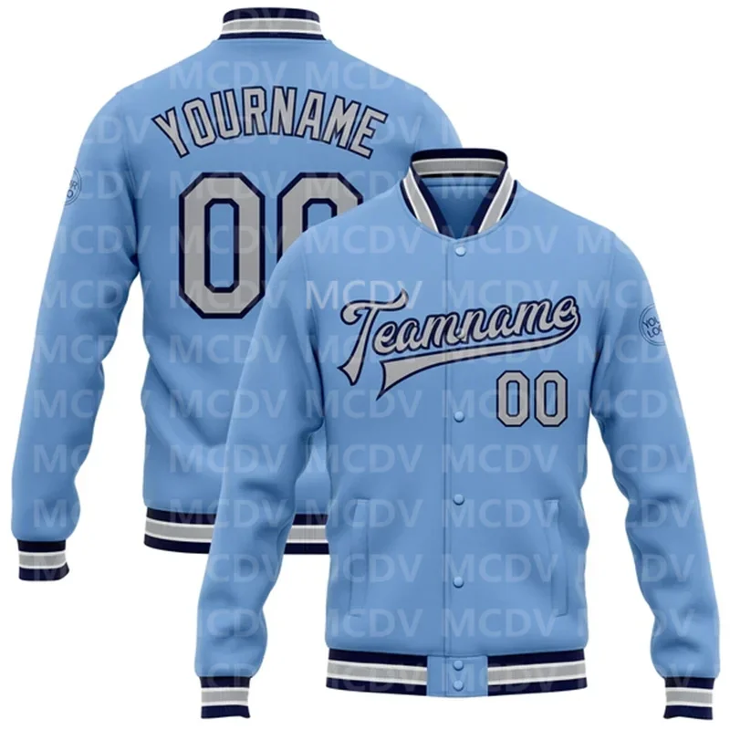 Custom Light Blue Gray-Navy Bomber Full-Snap Varsity Letterman Jacket  Baseball Button Jacket